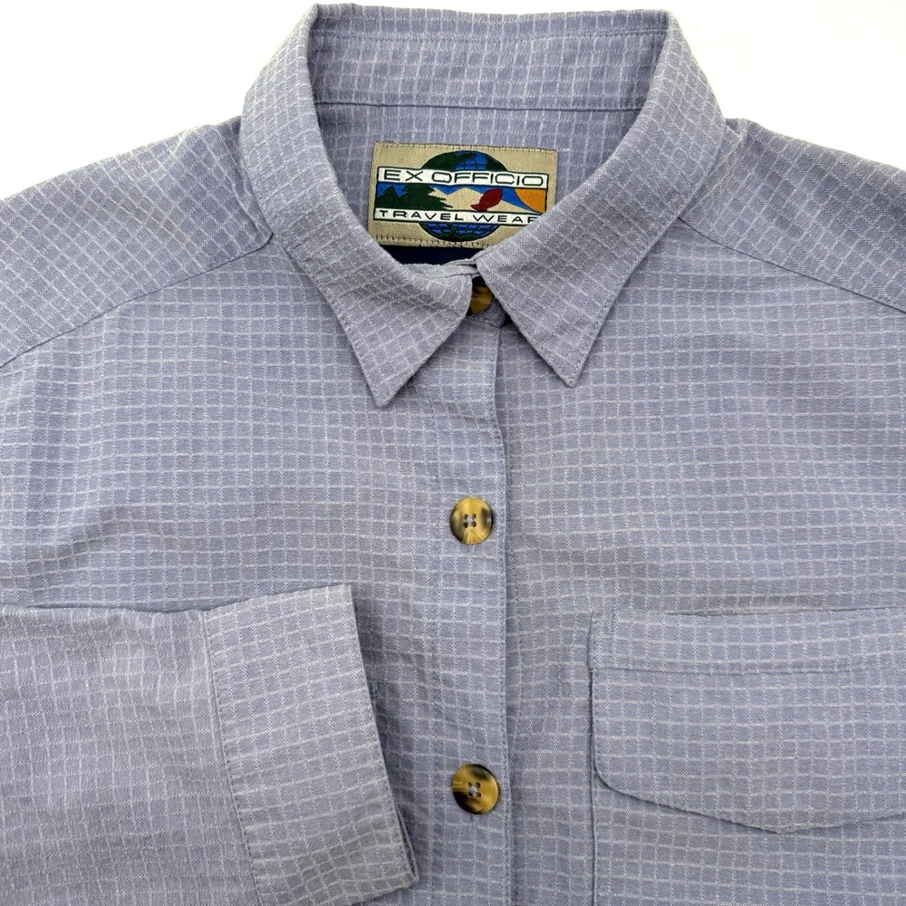 Ex Officio Button Up Womens 6/8 Blue Travel Wear Grid Roll Tab Vented Hiking